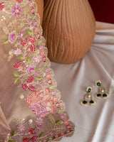 Vishal Prints Light Taupe Designer Tissue Organza Saree With Embroidery-Diamond Work And Cut Work Border