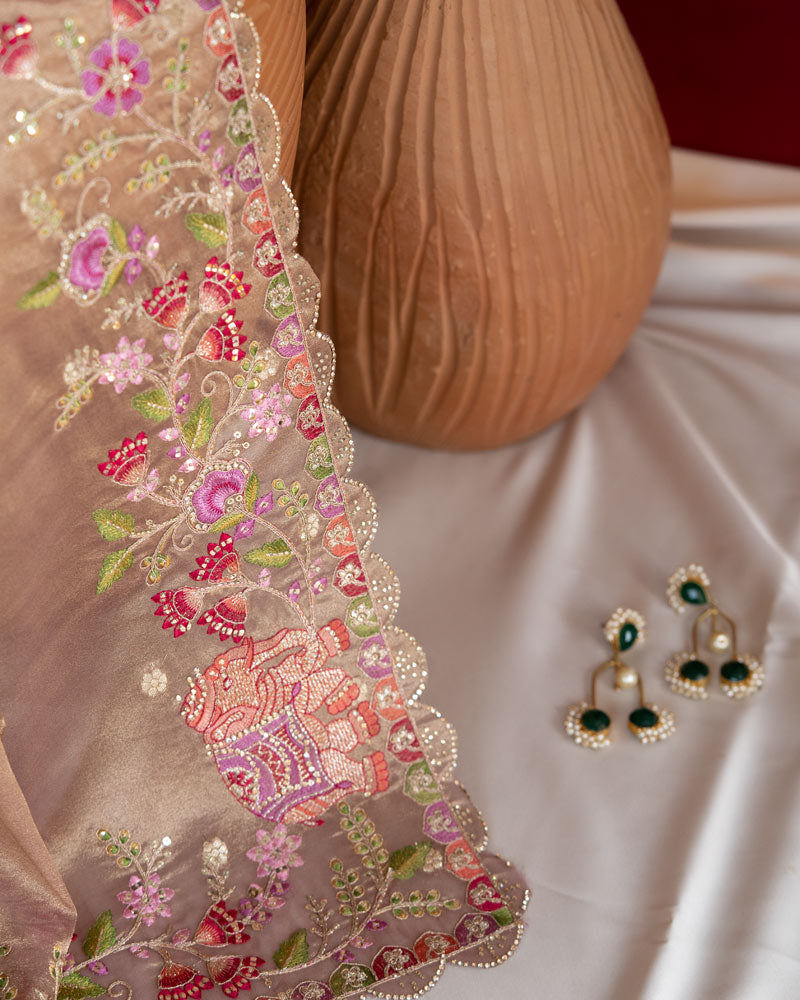 Vishal Prints Light Taupe Designer Tissue Organza Saree With Embroidery-Diamond Work And Cut Work Border