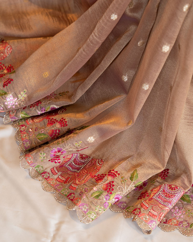 Vishal Prints Light Taupe Designer Tissue Organza Saree With Embroidery-Diamond Work And Cut Work Border