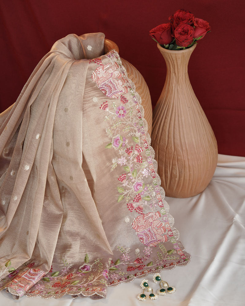 Vishal Prints Light Taupe Designer Tissue Organza Saree With Embroidery-Diamond Work And Cut Work Border