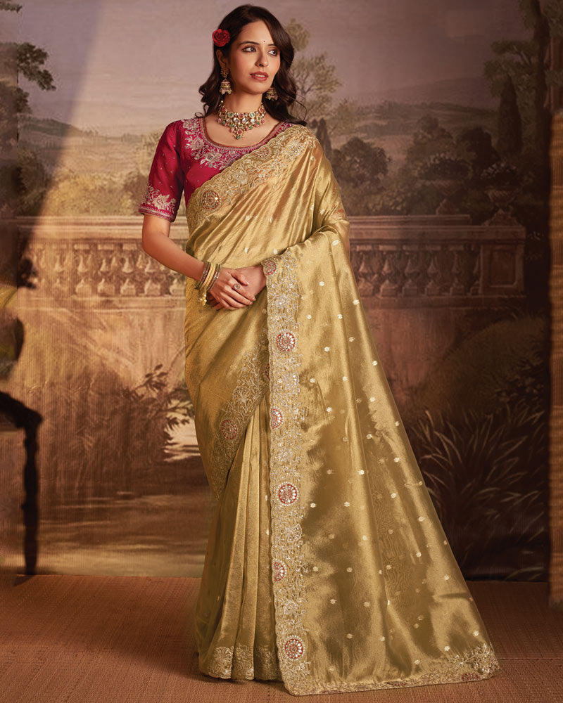 Vishal Prints French Beige Designer Tissue Organza Saree With Embroidery-Diamond Work And Cut Work Border