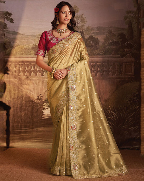 Vishal Prints French Beige Designer Tissue Organza Saree With Embroidery-Diamond Work And Cut Work Border
