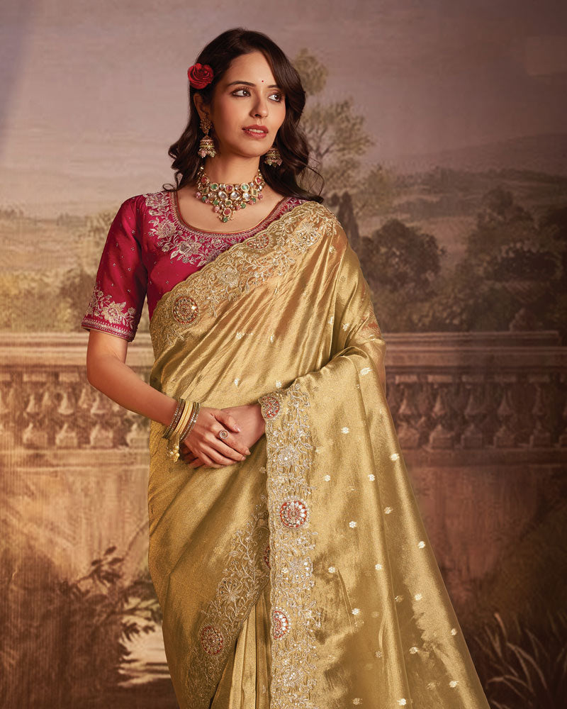 Vishal Prints French Beige Designer Tissue Organza Saree With Embroidery-Diamond Work And Cut Work Border