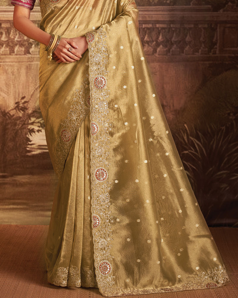Vishal Prints French Beige Designer Tissue Organza Saree With Embroidery-Diamond Work And Cut Work Border