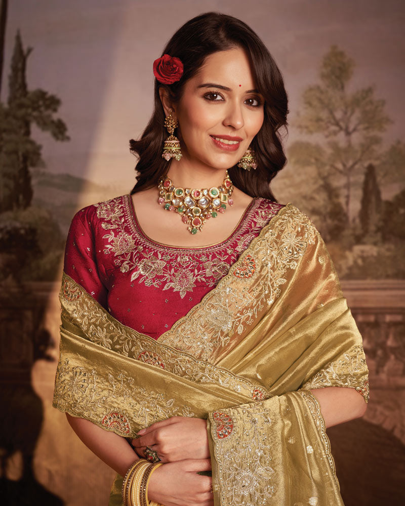 Vishal Prints French Beige Designer Tissue Organza Saree With Embroidery-Diamond Work And Cut Work Border