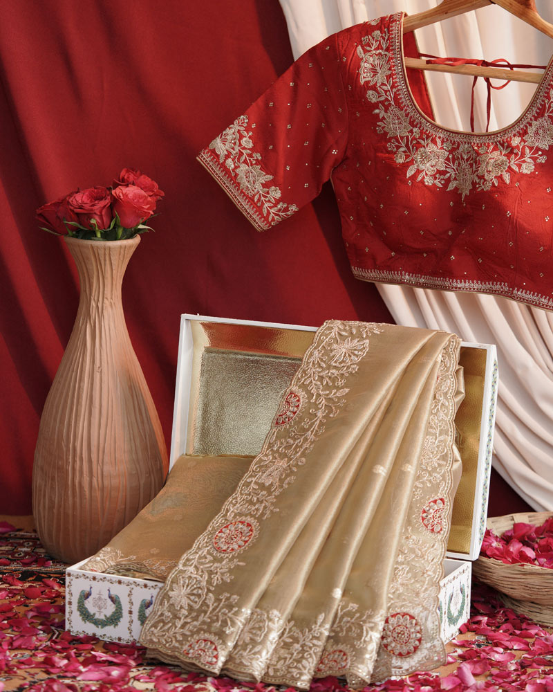 Vishal Prints French Beige Designer Tissue Organza Saree With Embroidery-Diamond Work And Cut Work Border