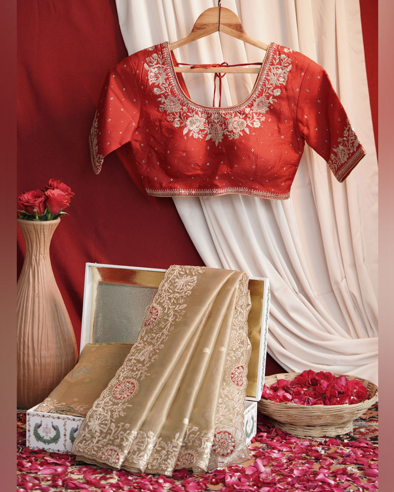 Vishal Prints French Beige Designer Tissue Organza Saree With Embroidery-Diamond Work And Cut Work Border