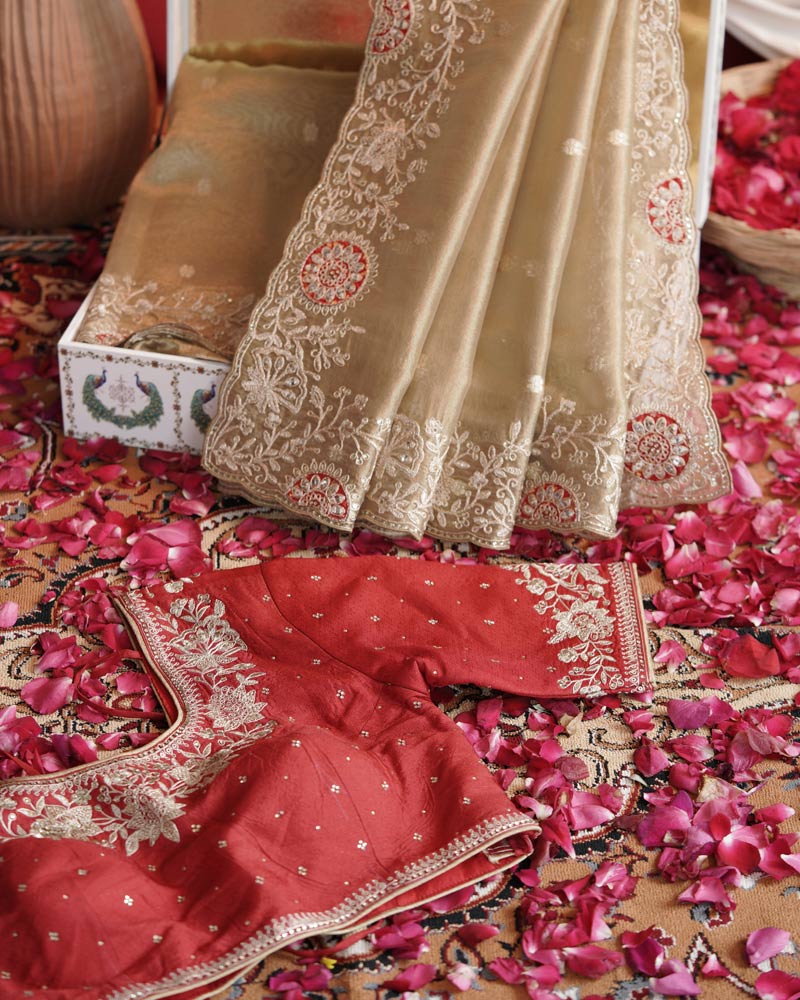 Vishal Prints French Beige Designer Tissue Organza Saree With Embroidery-Diamond Work And Cut Work Border