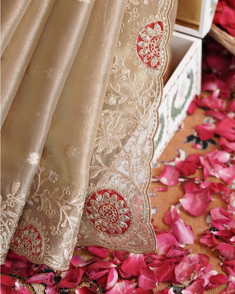 Vishal Prints French Beige Designer Tissue Organza Saree With Embroidery-Diamond Work And Cut Work Border