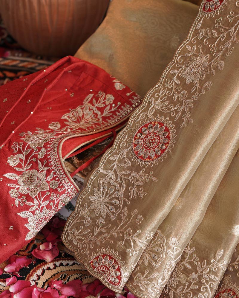Vishal Prints French Beige Designer Tissue Organza Saree With Embroidery-Diamond Work And Cut Work Border