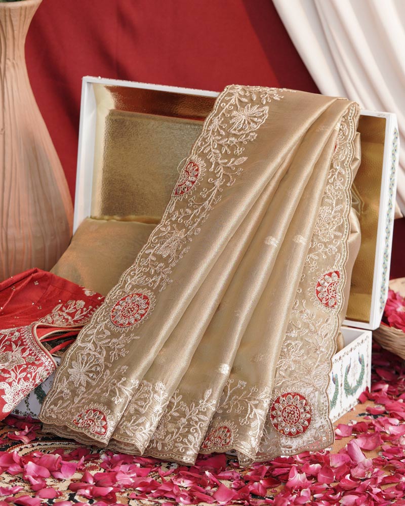 Vishal Prints French Beige Designer Tissue Organza Saree With Embroidery-Diamond Work And Cut Work Border
