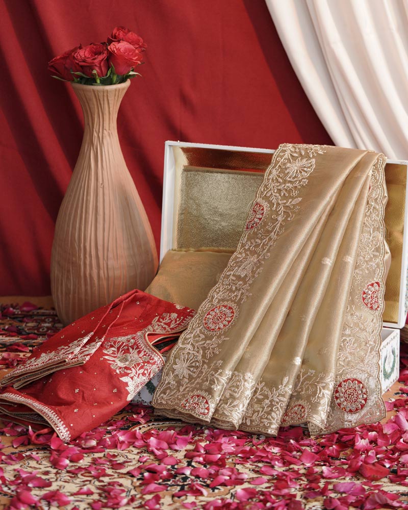 Vishal Prints French Beige Designer Tissue Organza Saree With Embroidery-Diamond Work And Cut Work Border