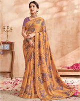 Vishal Prints Ochre Digital Printed Brasso Saree With Fancy Border