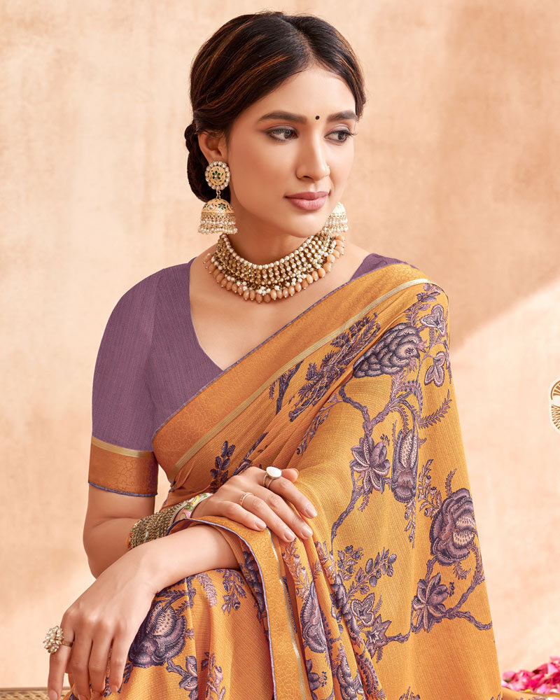 Vishal Prints Ochre Digital Printed Brasso Saree With Fancy Border