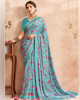 Vishal Prints Pastel Teal Green Digital Printed Brasso Saree With Fancy Border