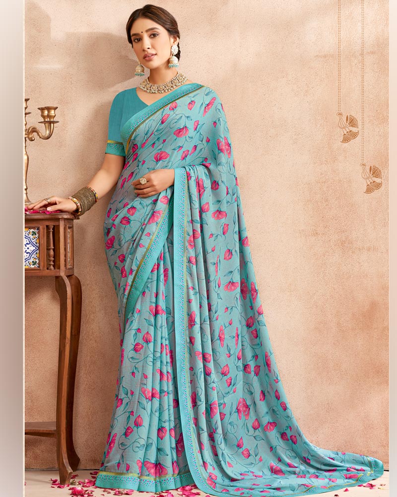 Vishal Prints Pastel Teal Green Digital Printed Brasso Saree With Fancy Border