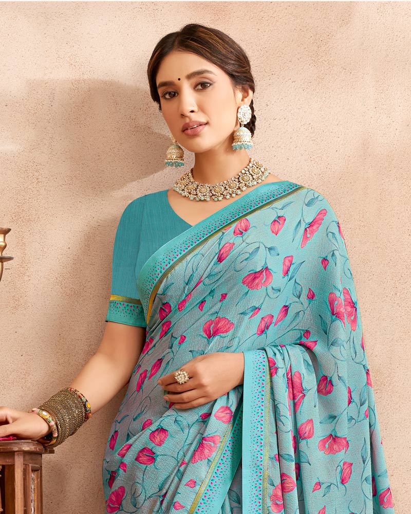 Vishal Prints Pastel Teal Green Digital Printed Brasso Saree With Fancy Border