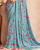 Vishal Prints Pastel Teal Green Digital Printed Brasso Saree With Fancy Border