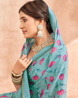 Vishal Prints Pastel Teal Green Digital Printed Brasso Saree With Fancy Border