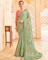 Vishal Prints Sage Green Printed Brasso Saree With Fancy Border