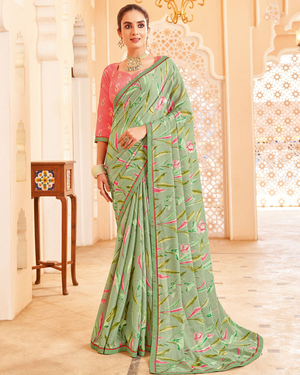 Vishal Prints Sage Green Printed Brasso Saree With Fancy Border