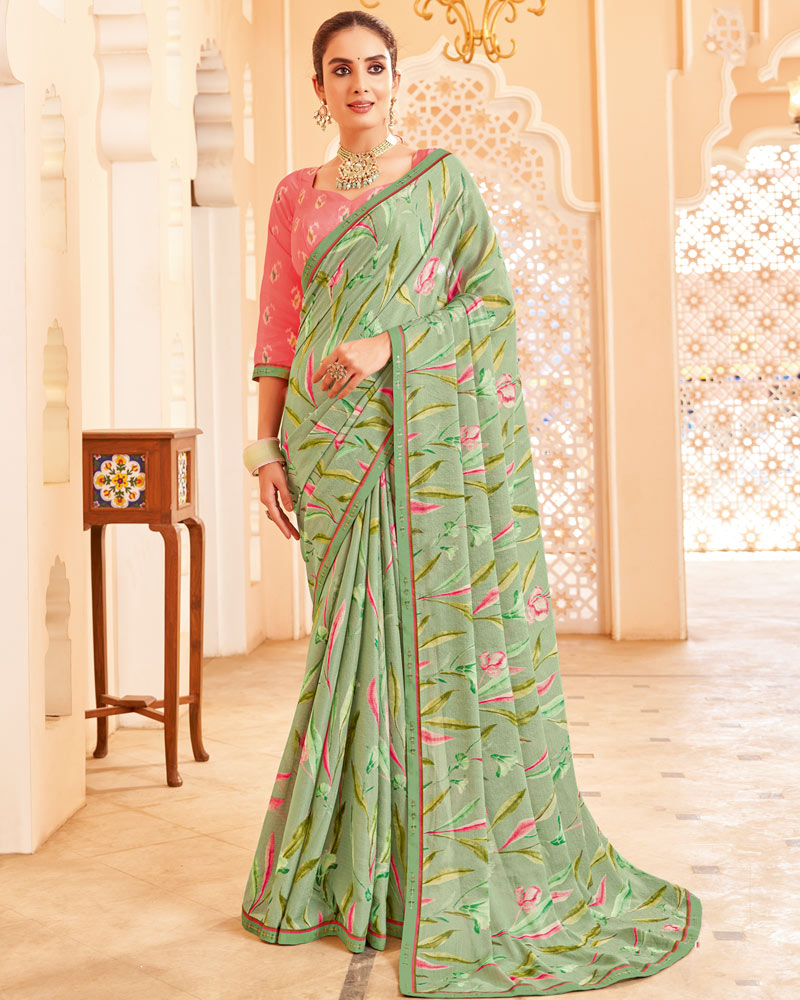 Vishal Prints Sage Green Printed Brasso Saree With Fancy Border