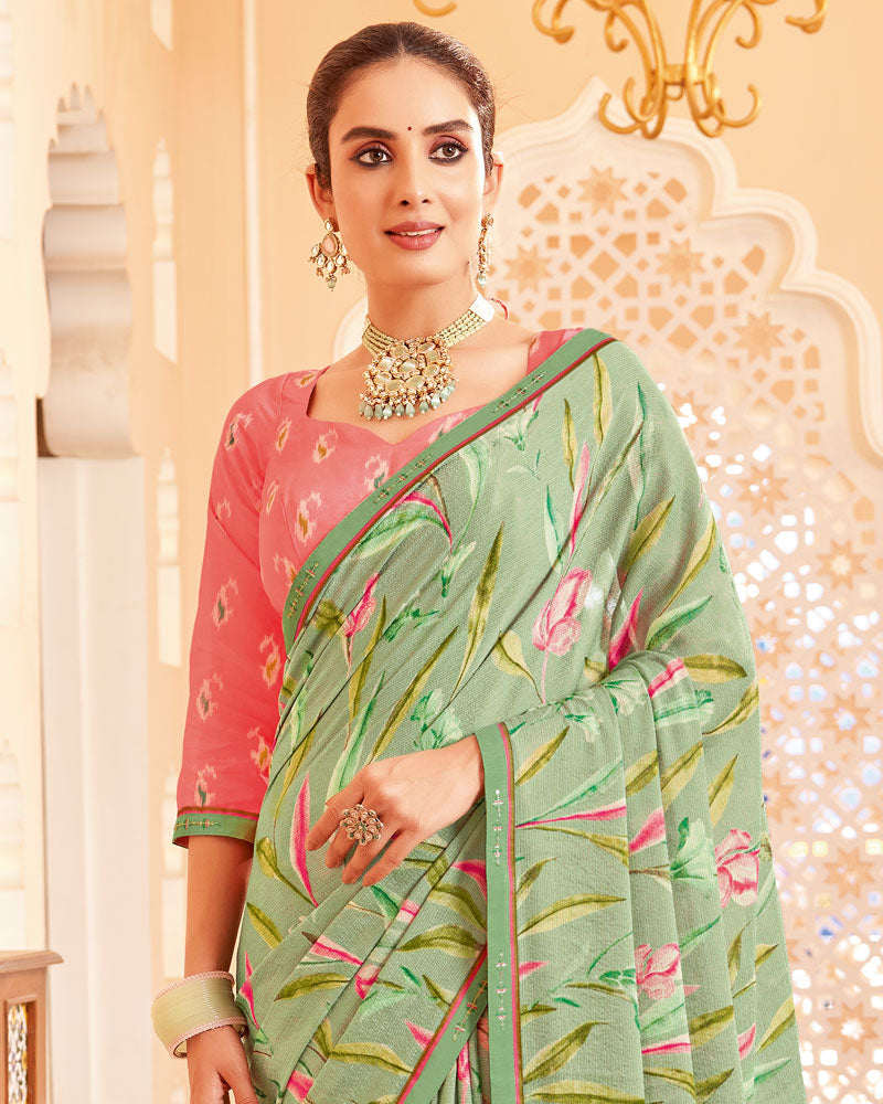 Vishal Prints Sage Green Printed Brasso Saree With Fancy Border
