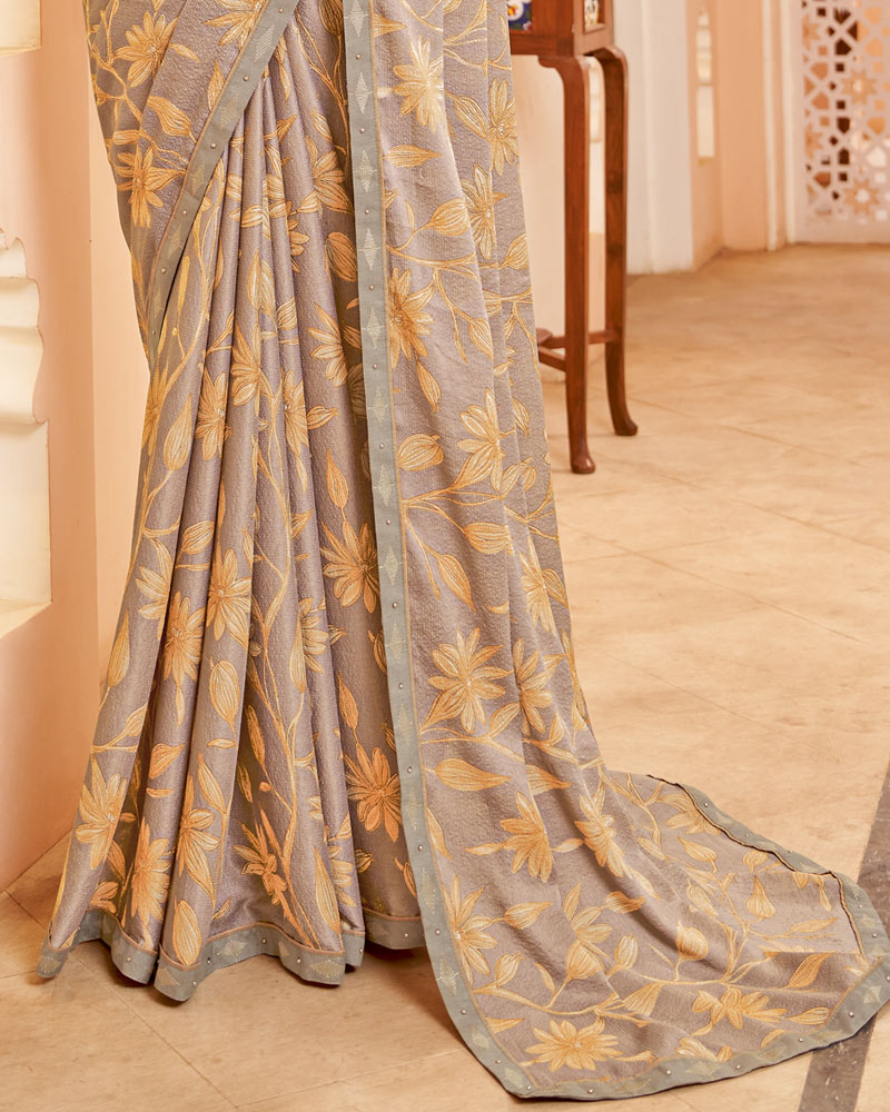 Vishal Prints Light Pastel Brown Printed Brasso Saree With Fancy Border