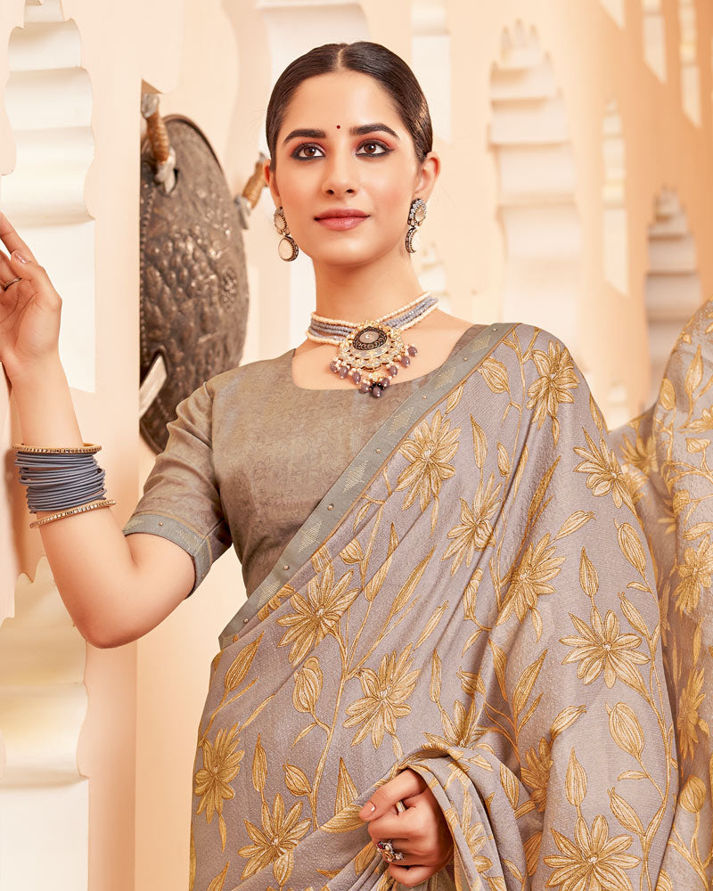 Vishal Prints Light Pastel Brown Printed Brasso Saree With Fancy Border