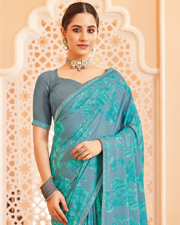 Vishal Prints Dark Pastel Blue Printed Brasso Saree With Fancy Border