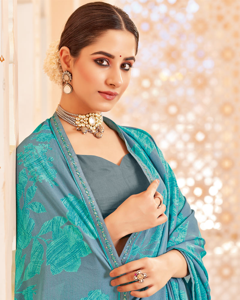 Vishal Prints Dark Pastel Blue Printed Brasso Saree With Fancy Border