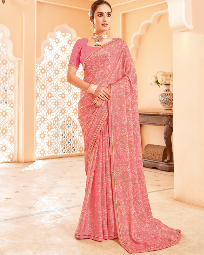 Vishal Prints Salmon Pink Printed Brasso Saree With Fancy Border