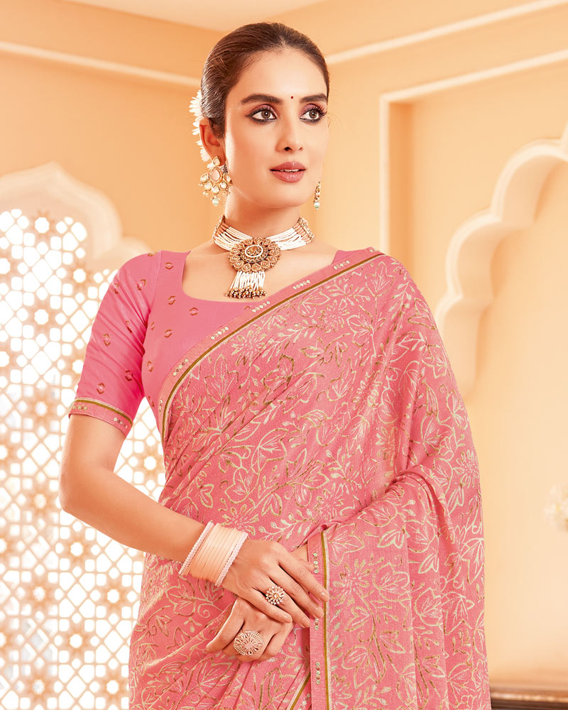 Vishal Prints Salmon Pink Printed Brasso Saree With Fancy Border