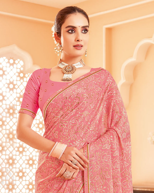 Vishal Prints Salmon Pink Printed Brasso Saree With Fancy Border