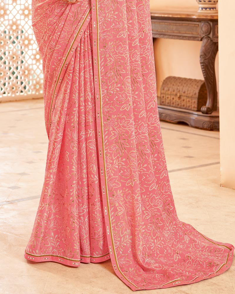 Vishal Prints Salmon Pink Printed Brasso Saree With Fancy Border