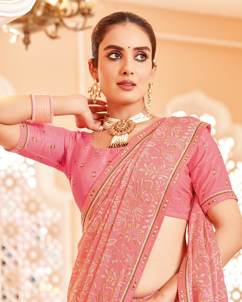 Vishal Prints Salmon Pink Printed Brasso Saree With Fancy Border