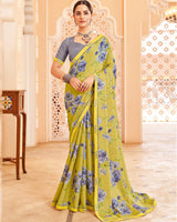 Vishal Prints Light Pastel Yellow Printed Brasso Saree With Fancy Border