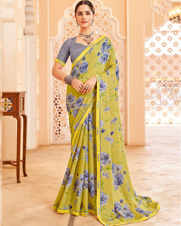 Vishal Prints Light Pastel Yellow Printed Brasso Saree With Fancy Border