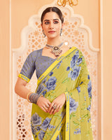 Vishal Prints Light Pastel Yellow Printed Brasso Saree With Fancy Border