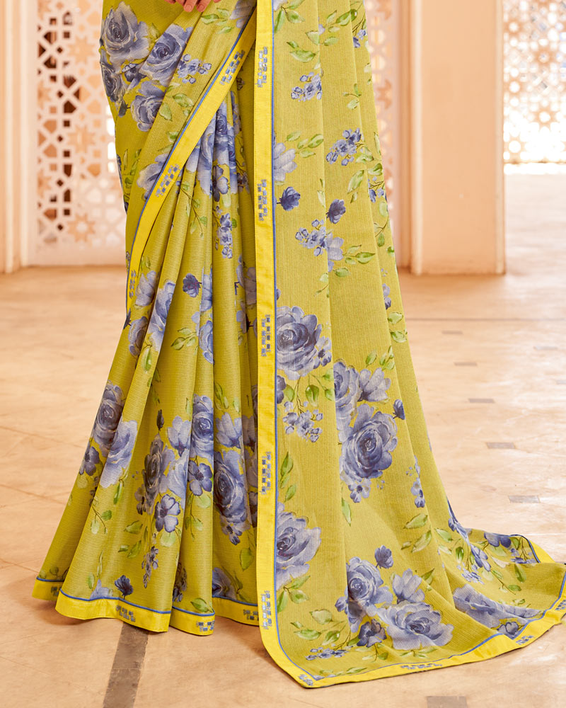 Vishal Prints Light Pastel Yellow Printed Brasso Saree With Fancy Border