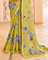 Vishal Prints Light Pastel Yellow Printed Brasso Saree With Fancy Border