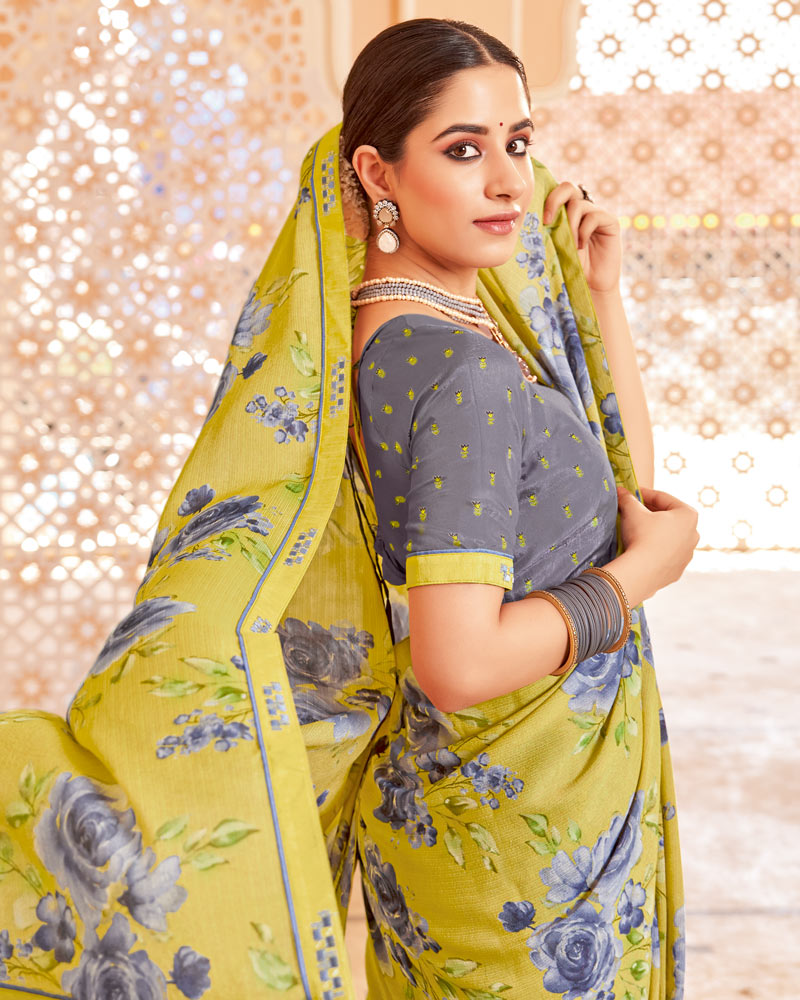 Vishal Prints Light Pastel Yellow Printed Brasso Saree With Fancy Border