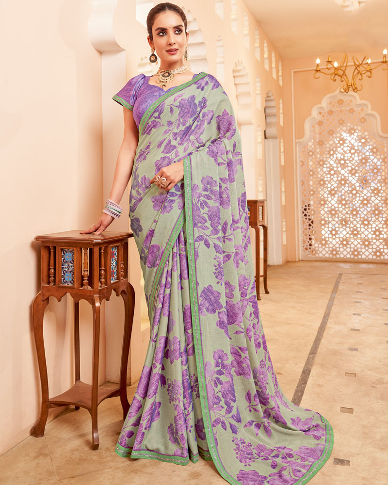 Vishal Prints Light Greenish Grey Printed Brasso Saree With Fancy Border