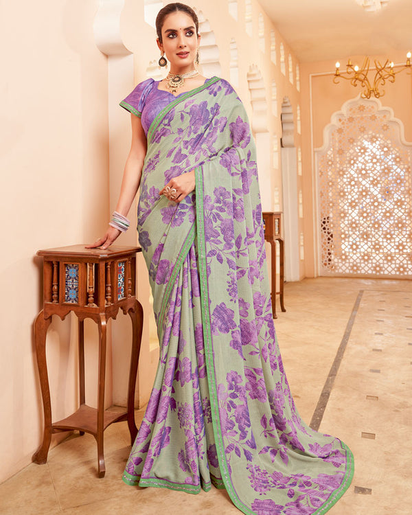 Vishal Prints Light Greenish Grey Printed Brasso Saree With Fancy Border