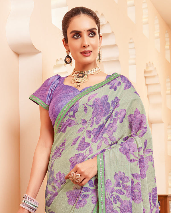 Vishal Prints Light Greenish Grey Printed Brasso Saree With Fancy Border