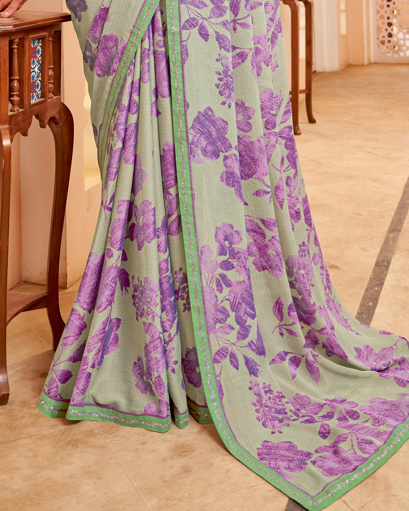 Vishal Prints Light Greenish Grey Printed Brasso Saree With Fancy Border
