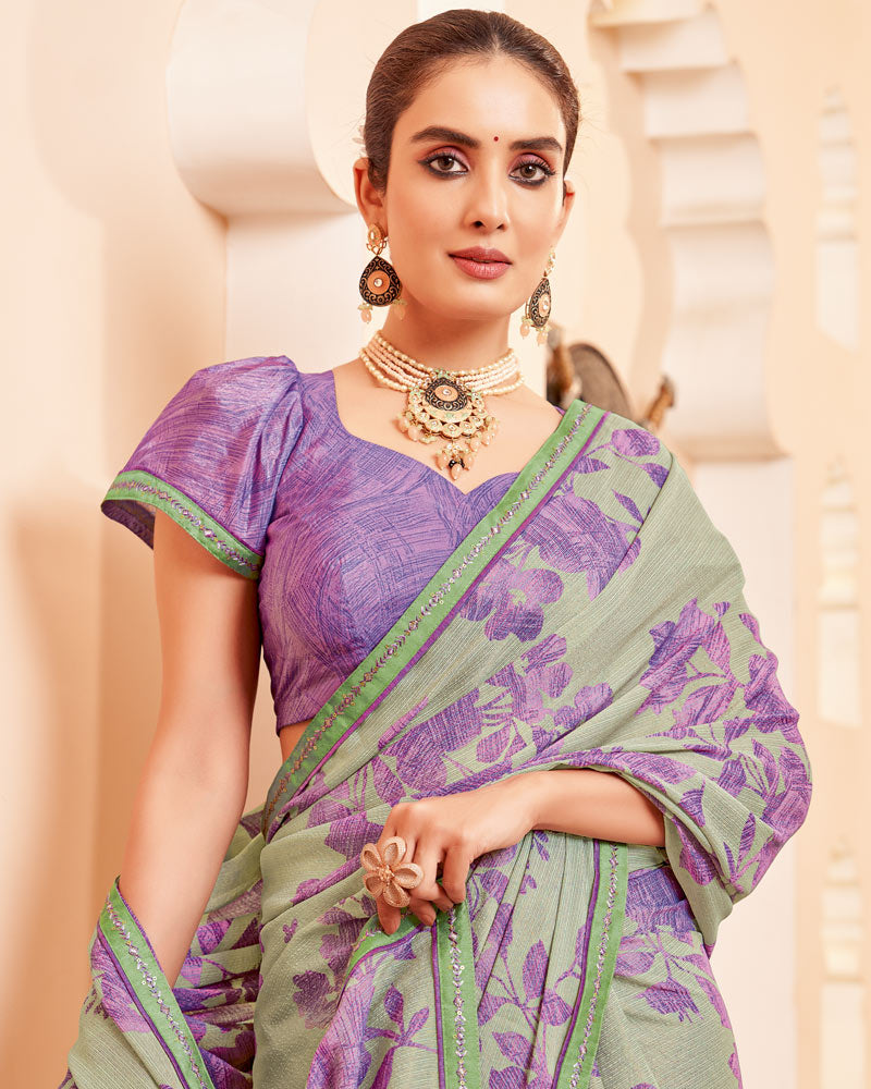 Vishal Prints Light Greenish Grey Printed Brasso Saree With Fancy Border