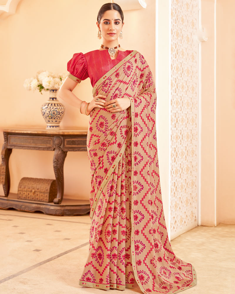 Vishal Prints Light Pastel Orange Printed Brasso Saree With Fancy Border