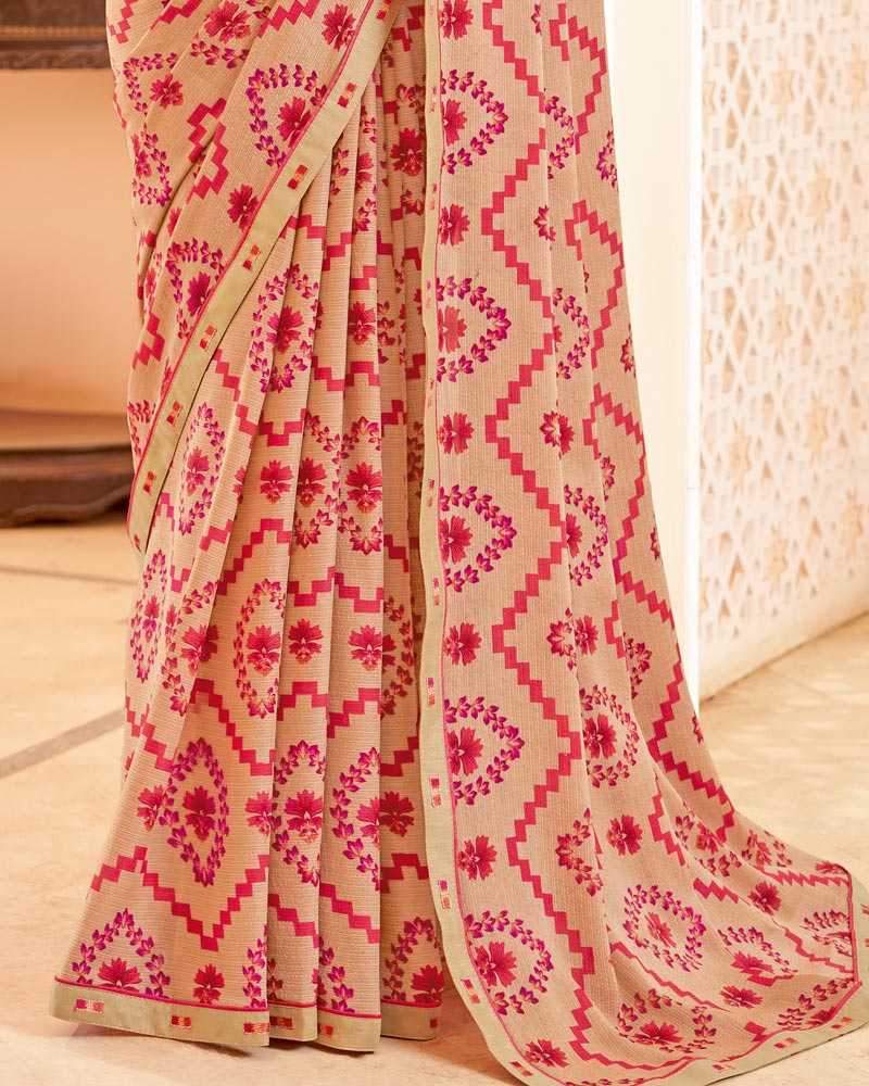 Vishal Prints Light Pastel Orange Printed Brasso Saree With Fancy Border