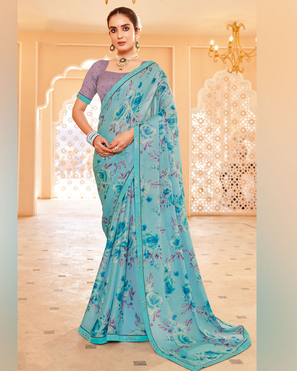 Vishal Prints Glacier Blue Printed Brasso Saree With Fancy Border